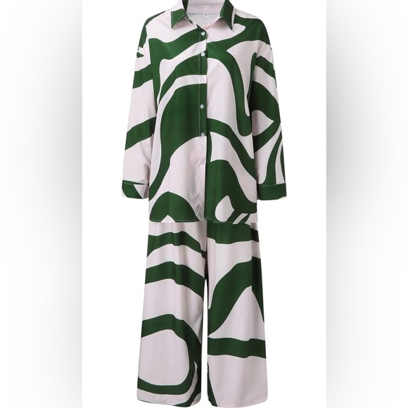 NWOT 2 piece Fashin Set Green white button down top w/ wide leg pants MED/LARGE - Picture 2 of 10